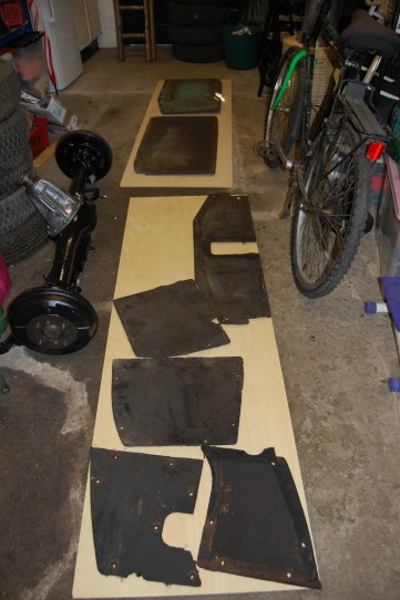 Original floorboards used as templates for new 9mm ply boards.