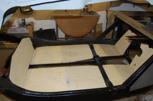 Trial fit and marking of retaining bolt holes, which in places are different to the originals due to the fitting of new chassis rails. The rear board has not been finished as I decided to re-use the original.