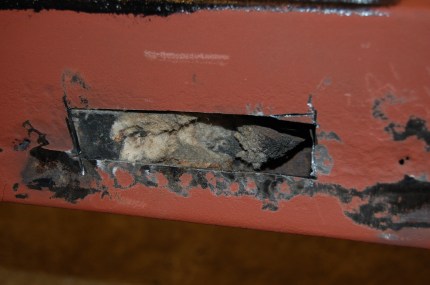 The left side inner chassis rail repair, revealed the packing material fitted to later 1500 cars, to help suppress noise transmitted down the chassis box section. Not sure what material this is, but it doesn't seem to hold moisture and is fire resistant, as I welded against it. As it has worked up to this point, I left it in place.