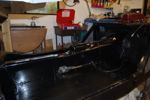 Final painting of boards and finished gearbox/propshaft tunnel. Positioning and routing of speedo cable can be seen which will eventually be hidden under the carpet.