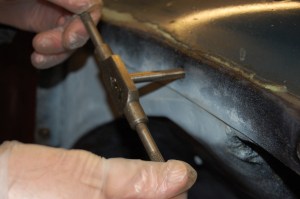 At this stage, I tapped all the captive front and rear wing nuts, which makes it much easier doing up and undoing the bolts when trial fitting the wings. 5/16th UNF tap. Added after completing the righthand side - this has to be the best tip - if you are able to use the original captive nuts, this transforms the job of endless fitting and undoing of the wings when trying to get everything to fit.