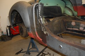 The inner wing repair section was significantly different to the original section that was removed. The chassis mounting bracket on the repair panel had to be removed and refitted to allow the panel to achieve a fit. Despite this it was still difficult to align the lower edge where it meets the wing dog-leg.