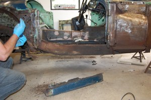 First major surgery, involved cutting away all rotten metal, first having taken key measurements. Tip here is to retain all old sections to use as reference later, when time has passed and the new sections have to be set in place. Also, work on one side only and use other side for reference no matter how bad it is. Addendum - in hindsight, I wouldn't have cut away quite so much metal from the upper section behind the 'B' post, as the repair panel was a poor fit - easier to have patched it up at the top and replaced just the lower section.