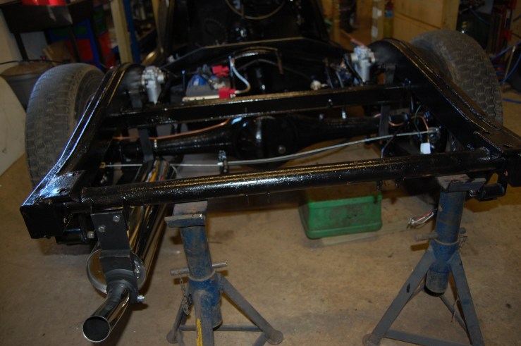 Chasssis temporarily off stands and on original wheels and tyres. Original 41 year old Michelin ZX's still hold their pressure, but will be replaced once the wheels have been blasted and painted.